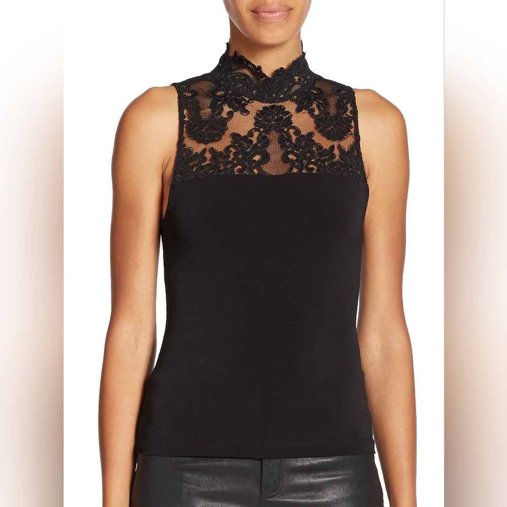 Revolve Alice Olivia Madyson Black high neck lace sleevelese tank large l